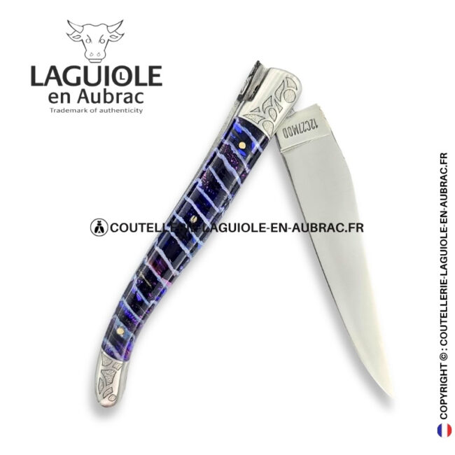 corolle de nuit : couteau laguiole en molaire de mammouth violette – abeille sculptée – ressort et mitres ciselés