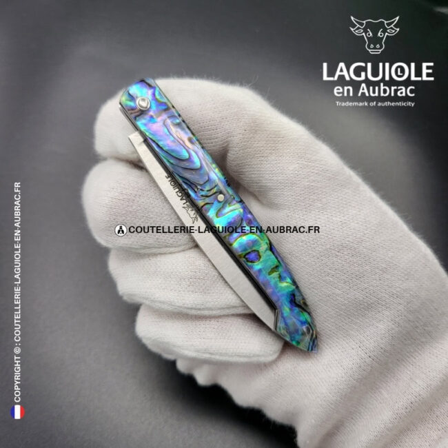 couteau capucin plein manche en abalone au ressort ciselé