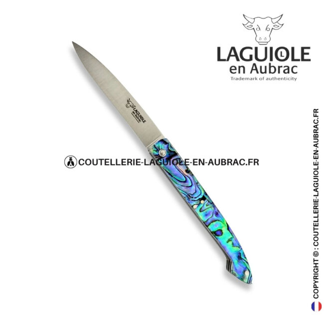 couteau capucin plein manche en abalone au ressort ciselé