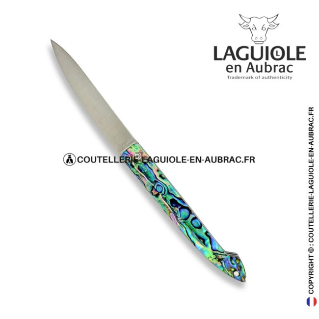 couteau capucin plein manche en abalone au ressort ciselé