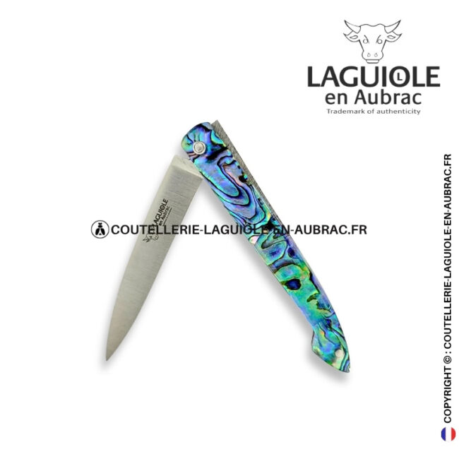 couteau capucin plein manche en abalone au ressort ciselé
