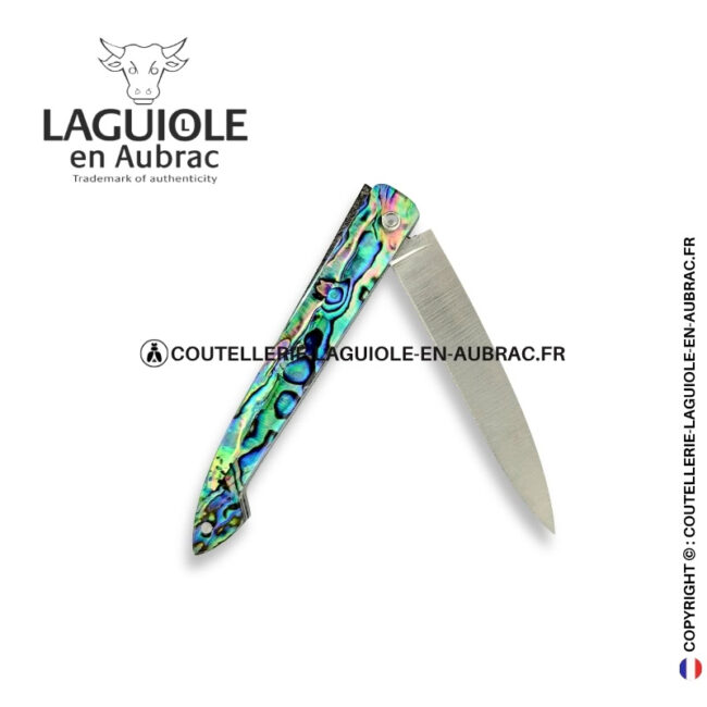 couteau capucin plein manche en abalone au ressort ciselé