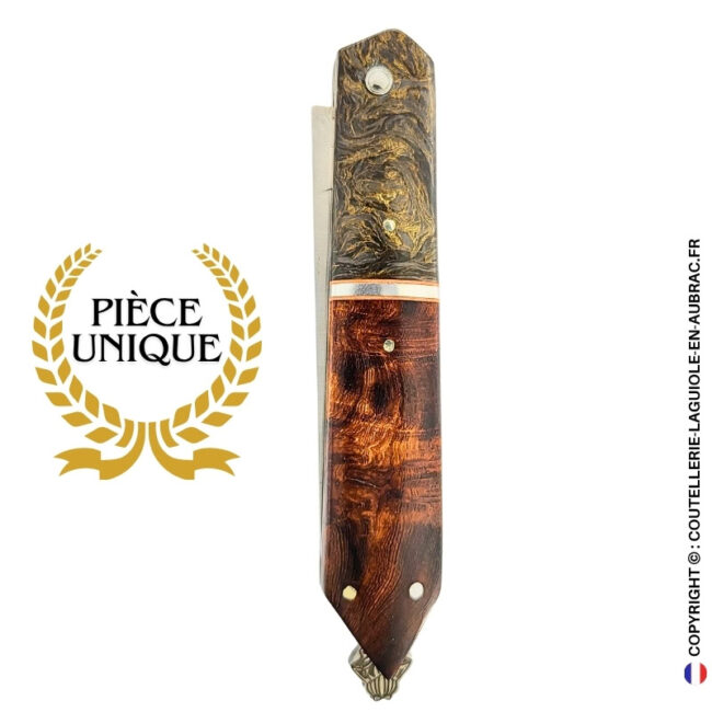 couteau laguiole bee back bi matière en fibre de carbone et loupe de bois de fer – ressort ciselé et mitre centrale