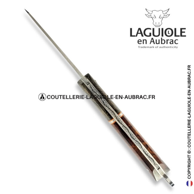 couteau laguiole bee back bi matière en fibre de carbone et loupe de bois de fer – ressort ciselé et mitre centrale