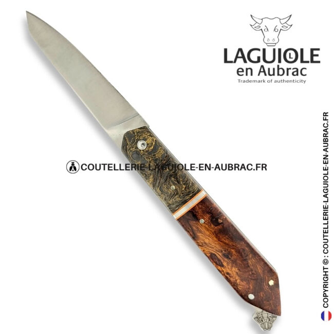 couteau laguiole bee back bi matière en fibre de carbone et loupe de bois de fer – ressort ciselé et mitre centrale