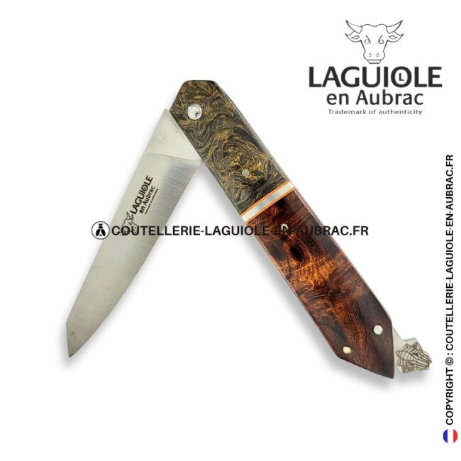 couteau laguiole bee back bi matière en fibre de carbone et loupe de bois de fer – ressort ciselé et mitre centrale