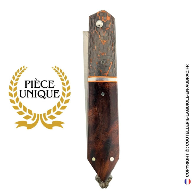 couteau laguiole bee back bi matière en loupe de bois de fer et fibre de carbone cuivrée – ressort ciselé