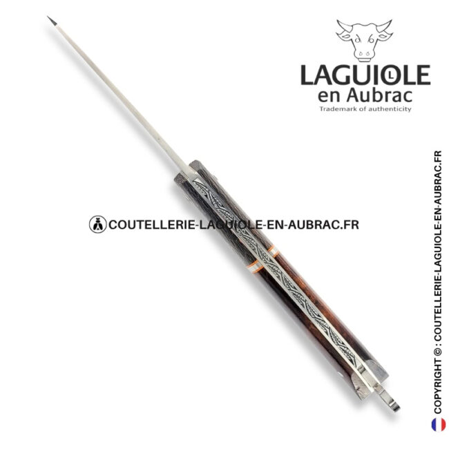 couteau laguiole bee back bi matière en loupe de bois de fer et fibre de carbone cuivrée – ressort ciselé