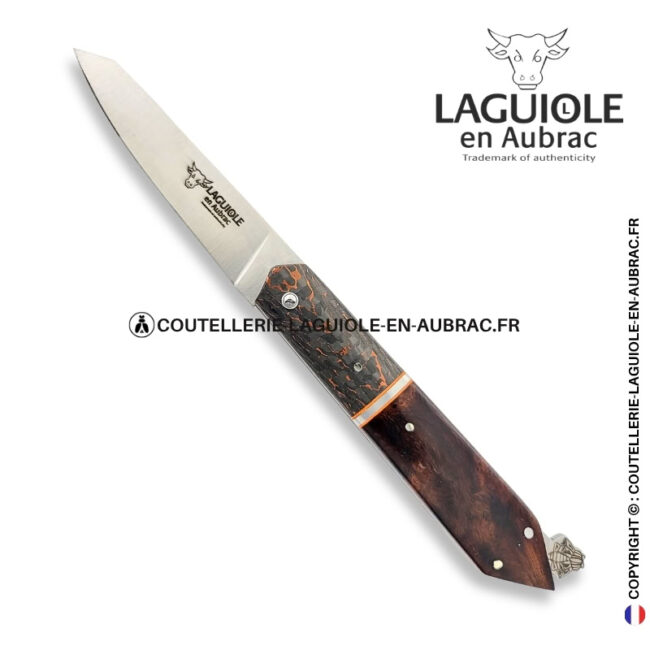 couteau laguiole bee back bi matière en loupe de bois de fer et fibre de carbone cuivrée – ressort ciselé