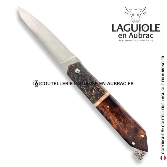 couteau laguiole bee back bi matière en loupe de bois de fer et fibre de carbone cuivrée – ressort ciselé