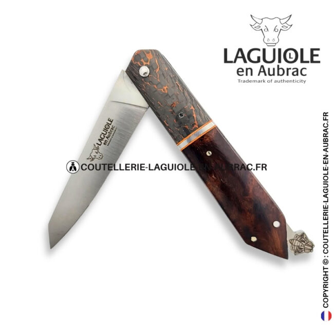 couteau laguiole bee back bi matière en loupe de bois de fer et fibre de carbone cuivrée – ressort ciselé