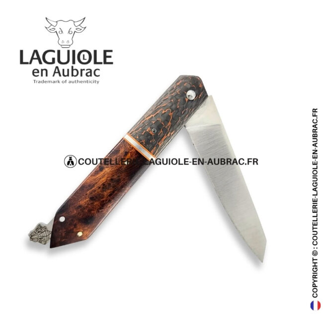 couteau laguiole bee back bi matière en loupe de bois de fer et fibre de carbone cuivrée – ressort ciselé