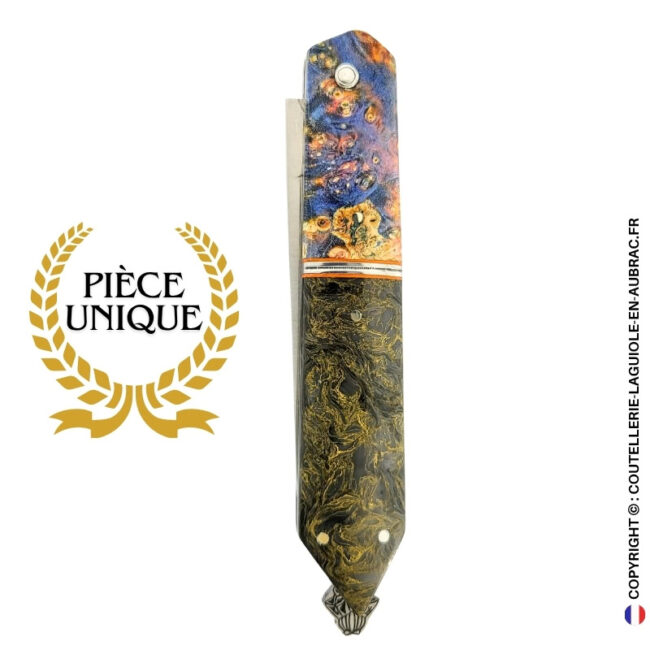 couteau laguiole bee back bi matière en loupe de sureau multicolore et fibre de carbone golden matter – platines guillochées