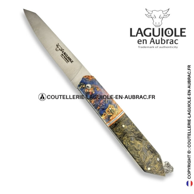 couteau laguiole bee back bi matière en loupe de sureau multicolore et fibre de carbone golden matter – platines guillochées