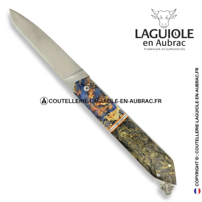 couteau laguiole bee back bi matière en loupe de sureau multicolore et fibre de carbone golden matter – platines guillochées