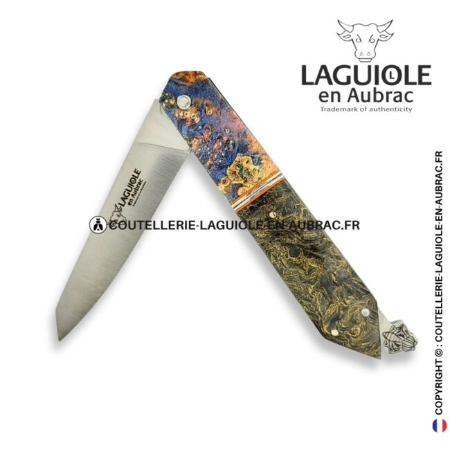 couteau laguiole bee back bi matière en loupe de sureau multicolore et fibre de carbone golden matter – platines guillochées