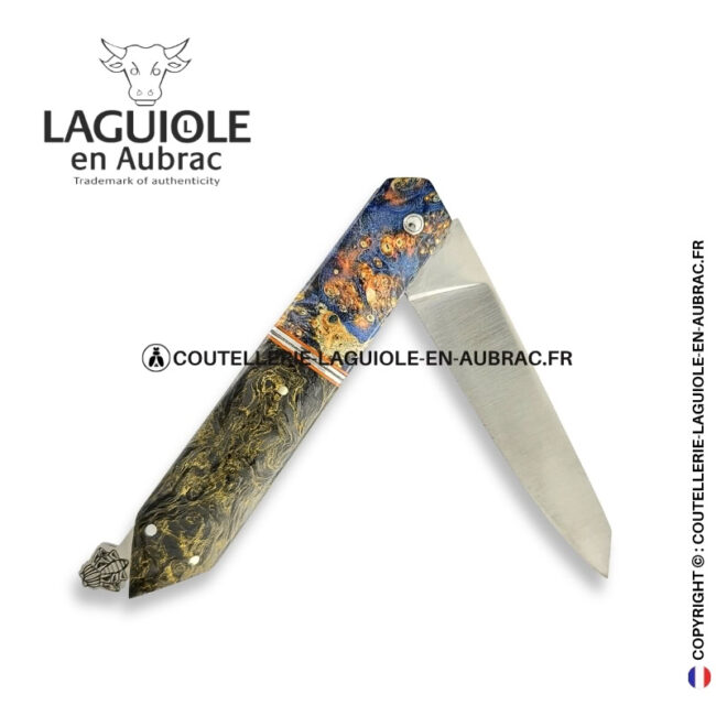 couteau laguiole bee back bi matière en loupe de sureau multicolore et fibre de carbone golden matter – platines guillochées