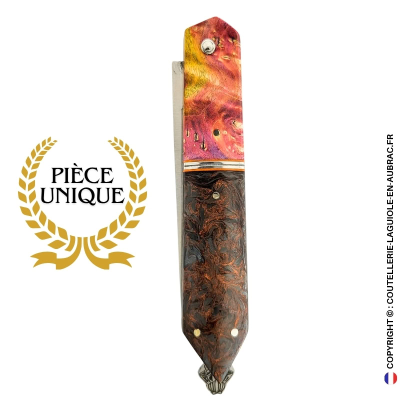 couteau laguiole bee back bi matière en loupe de sureau rouge et fibre de carbone rouge – platines guillochées
