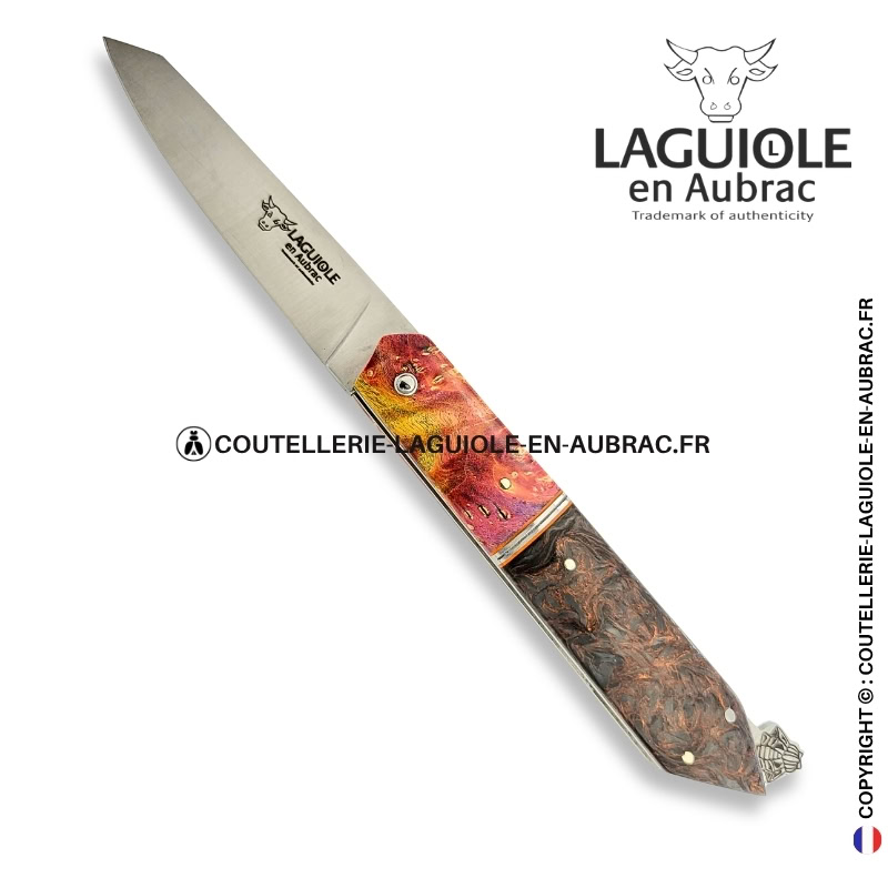 couteau laguiole bee back bi matière en loupe de sureau rouge et fibre de carbone rouge – platines guillochées
