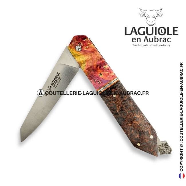 couteau laguiole bee back bi matière en loupe de sureau rouge et fibre de carbone rouge – platines guillochées