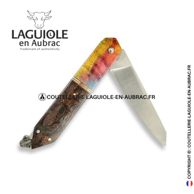 couteau laguiole bee back bi matière en loupe de sureau rouge et fibre de carbone rouge – platines guillochées
