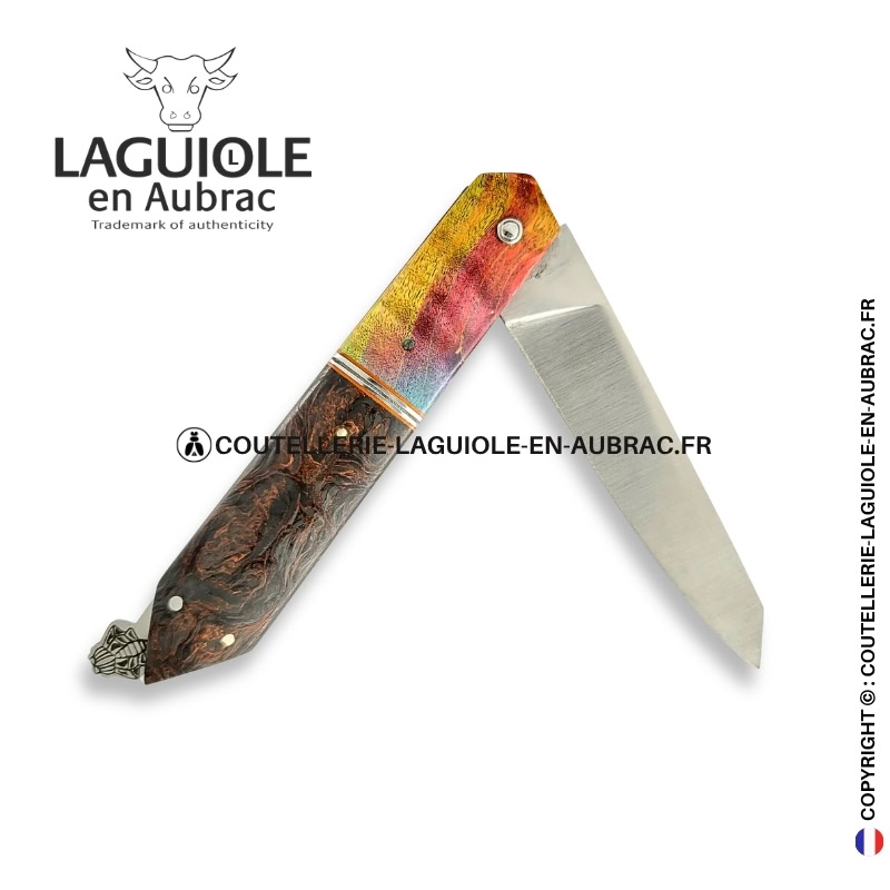 couteau laguiole bee back bi matière en loupe de sureau rouge et fibre de carbone rouge – platines guillochées