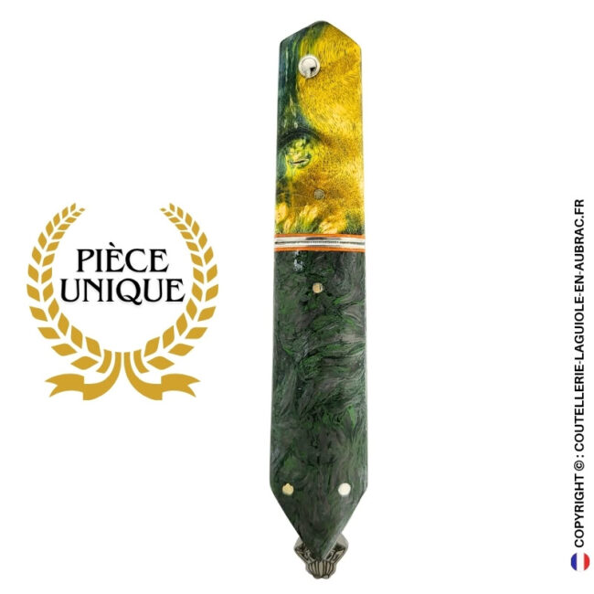 couteau laguiole bee back bi matière en loupe de sureau verte et fibre de carbone – platines guillochées