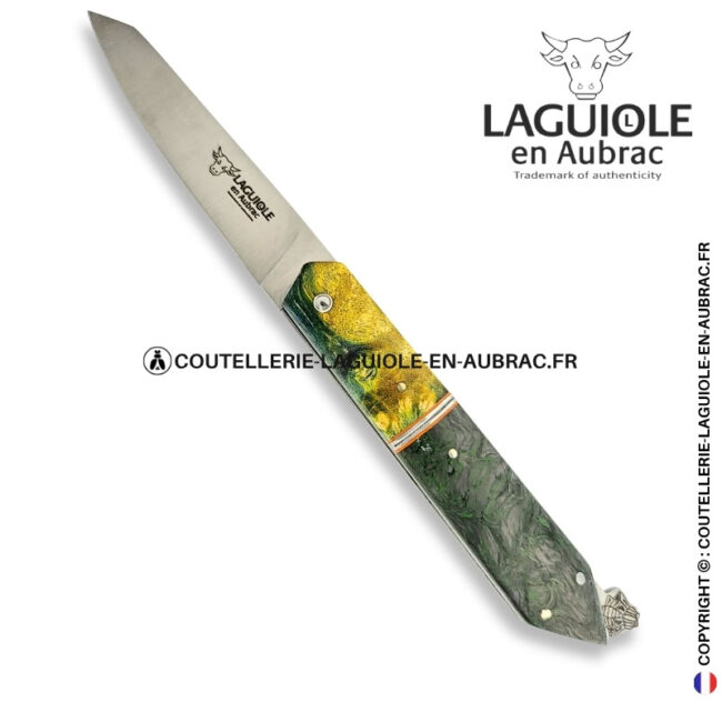 couteau laguiole bee back bi matière en loupe de sureau verte et fibre de carbone – platines guillochées