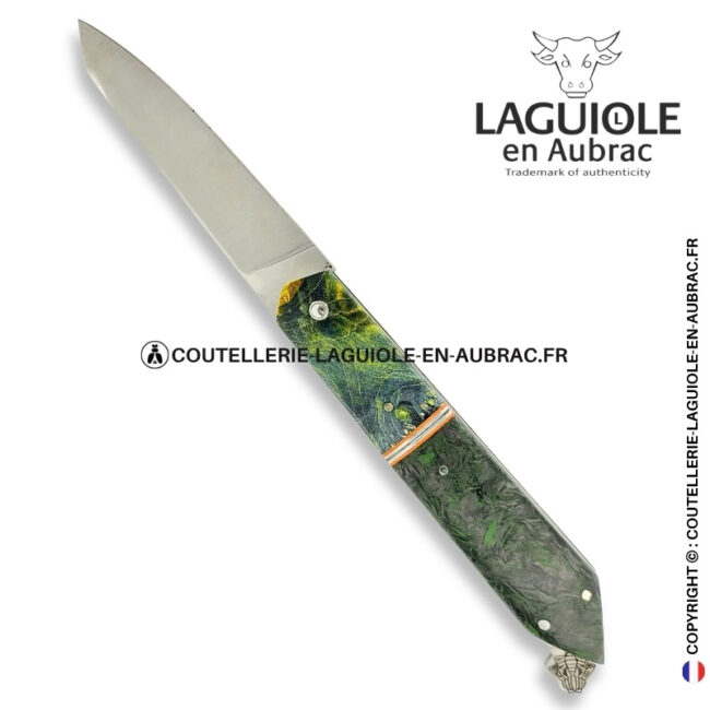 couteau laguiole bee back bi matière en loupe de sureau verte et fibre de carbone – platines guillochées