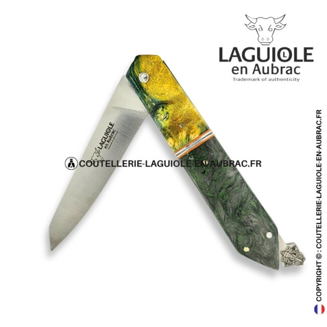 couteau laguiole bee back bi matière en loupe de sureau verte et fibre de carbone – platines guillochées