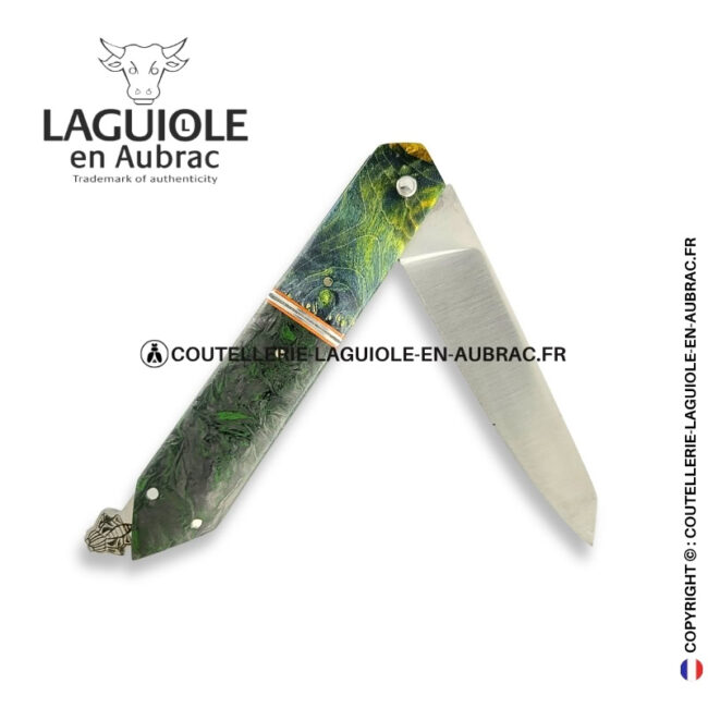 couteau laguiole bee back bi matière en loupe de sureau verte et fibre de carbone – platines guillochées