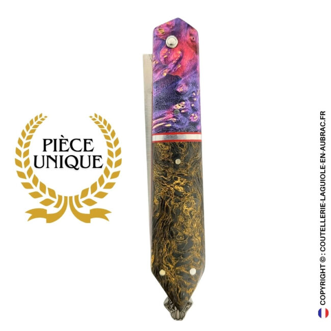 couteau laguiole bee back bi matière en loupe de sureau violette et fibre de carbone golden matter – ressort ciselé
