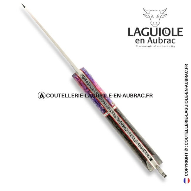 couteau laguiole bee back bi matière en loupe de sureau violette et fibre de carbone golden matter – ressort ciselé