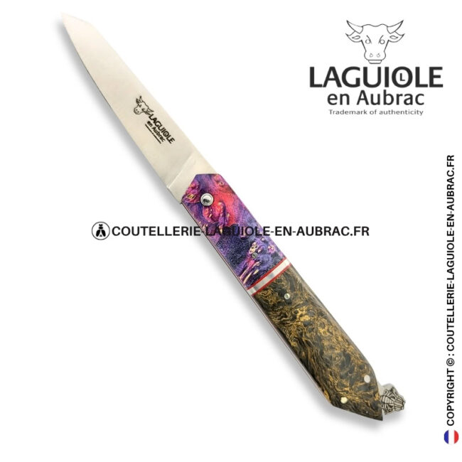 couteau laguiole bee back bi matière en loupe de sureau violette et fibre de carbone golden matter – ressort ciselé