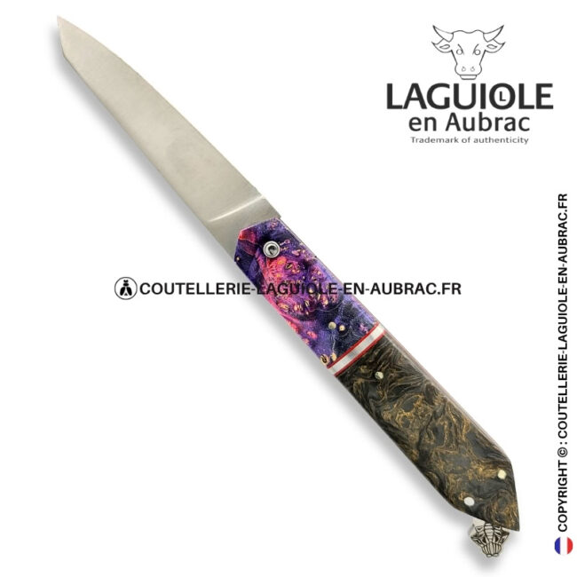 couteau laguiole bee back bi matière en loupe de sureau violette et fibre de carbone golden matter – ressort ciselé
