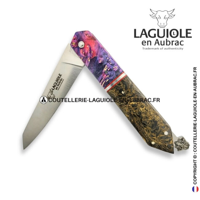 couteau laguiole bee back bi matière en loupe de sureau violette et fibre de carbone golden matter – ressort ciselé