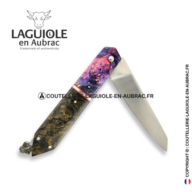 couteau laguiole bee back bi matière en loupe de sureau violette et fibre de carbone golden matter – ressort ciselé