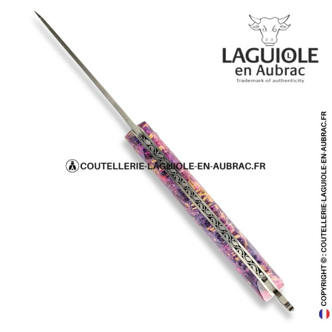 couteau laguiole bee back en loupe de sureau rose et violet – ressort ciselé
