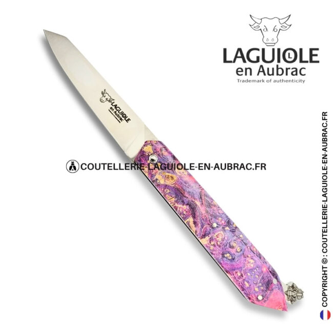 couteau laguiole bee back en loupe de sureau rose et violet – ressort ciselé