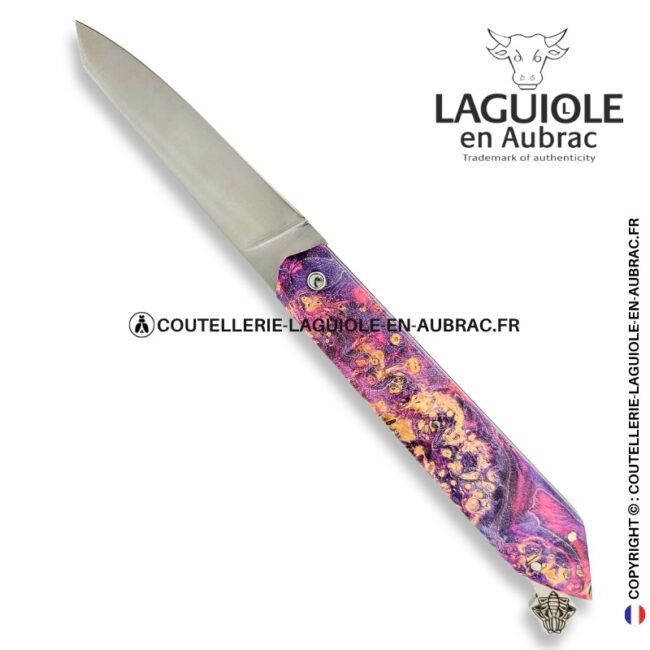 couteau laguiole bee back en loupe de sureau rose et violet – ressort ciselé