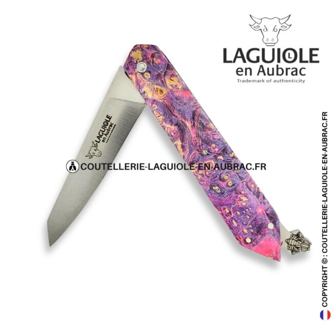 couteau laguiole bee back en loupe de sureau rose et violet – ressort ciselé