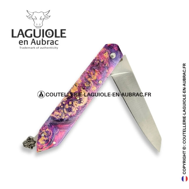 couteau laguiole bee back en loupe de sureau rose et violet – ressort ciselé