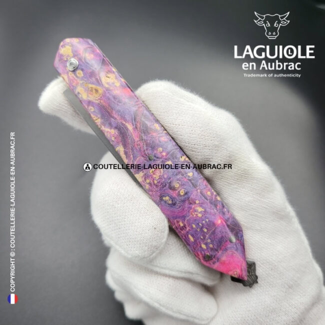 couteau laguiole bee back en loupe de sureau rose et violet – ressort ciselé