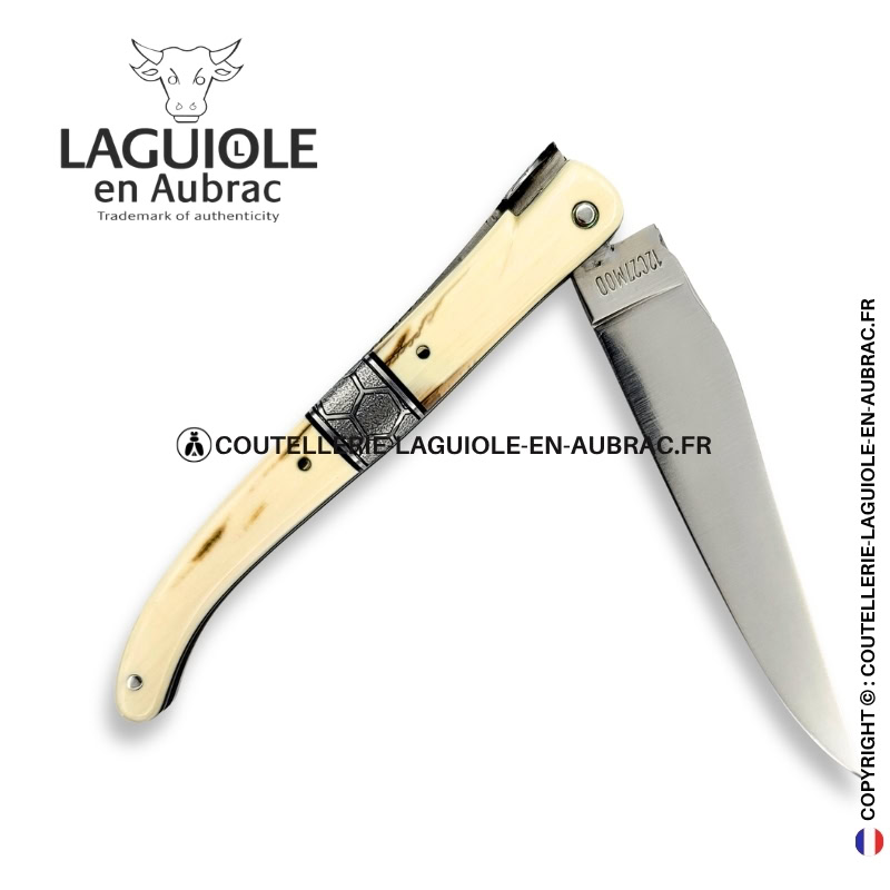 ruche des glaces : couteau laguiole en croûte d'ivoire de mammouth – abeille sculptée – ressort et mitre centrale ciselés