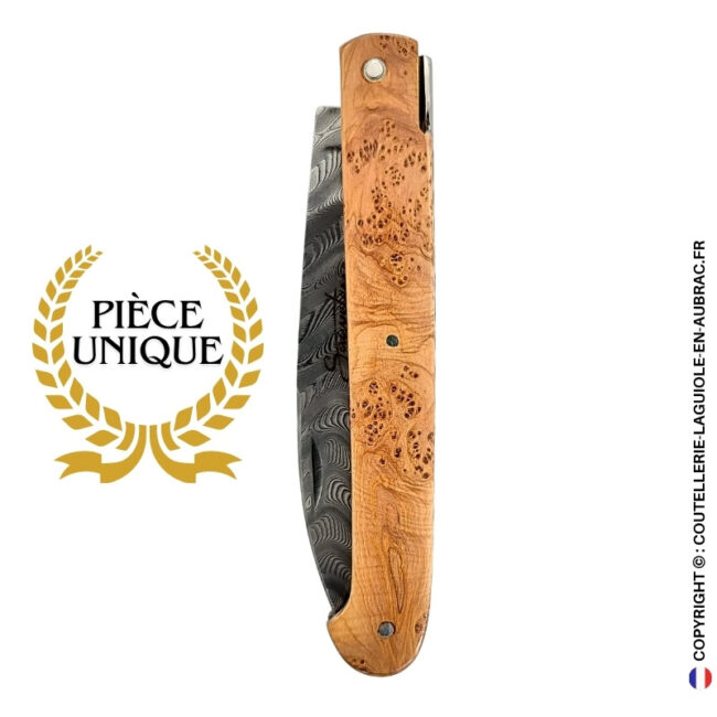 couteau sauveterre plein manche en genévrier – lame damas – platines et ressort guillochés