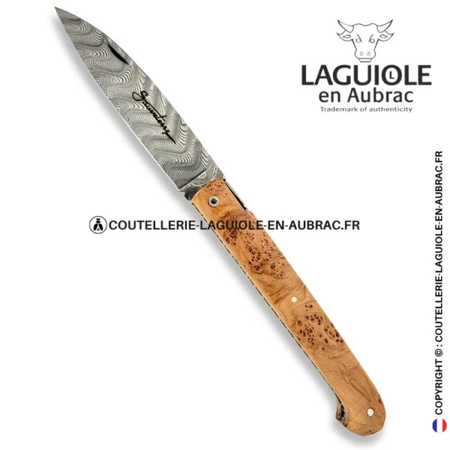 couteau sauveterre plein manche en genévrier – lame damas – platines et ressort guillochés
