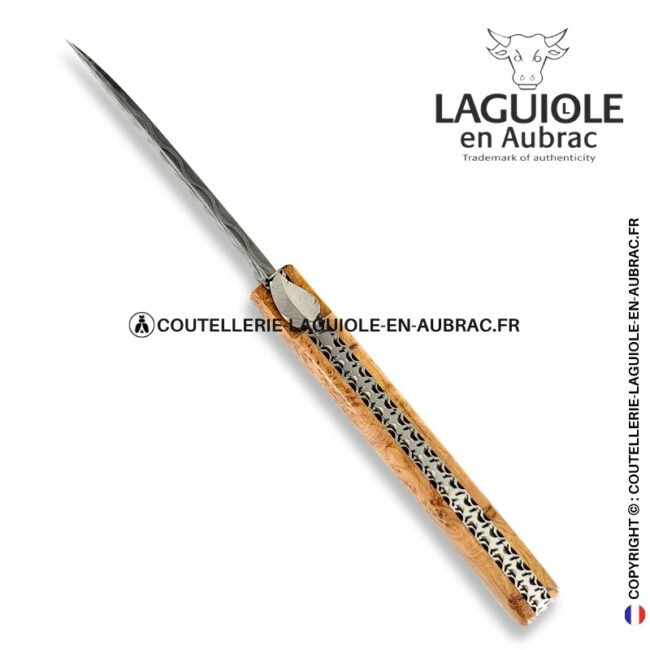 couteau sauveterre plein manche en genévrier – lame damas – platines et ressort guillochés