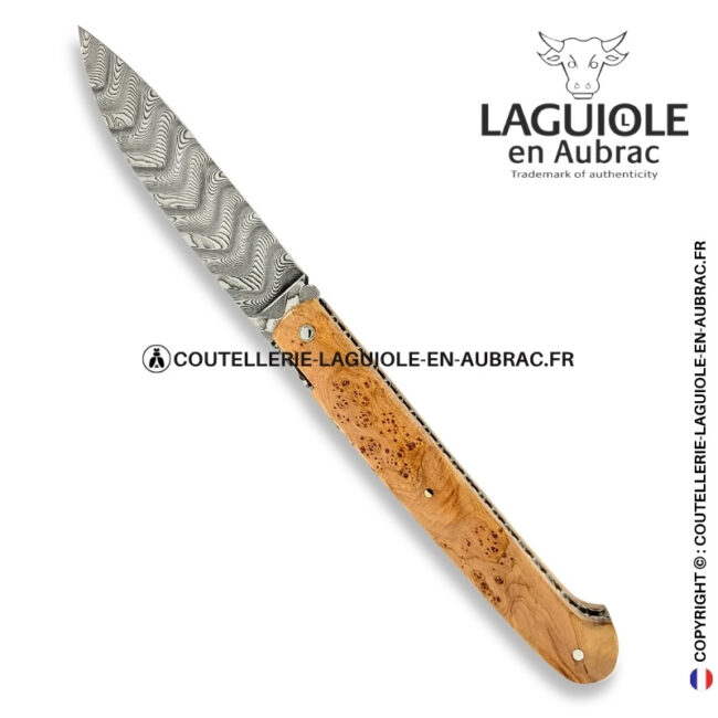 couteau sauveterre plein manche en genévrier – lame damas – platines et ressort guillochés