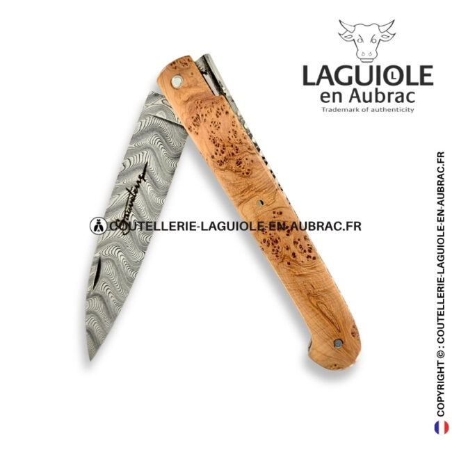 couteau sauveterre plein manche en genévrier – lame damas – platines et ressort guillochés
