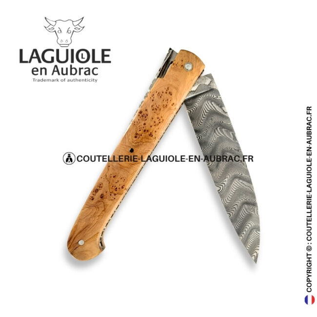 couteau sauveterre plein manche en genévrier – lame damas – platines et ressort guillochés